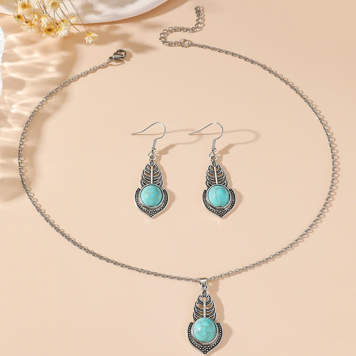 Wholesale New Simple Ethnic Flower Drop Hoop Turquoise Earrings Set
